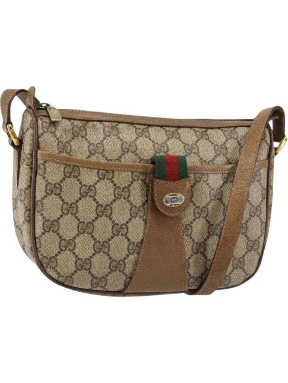 GUCCI GG Canvas Web Sherry Line Shoulder Bag PVC Leather Beige Red